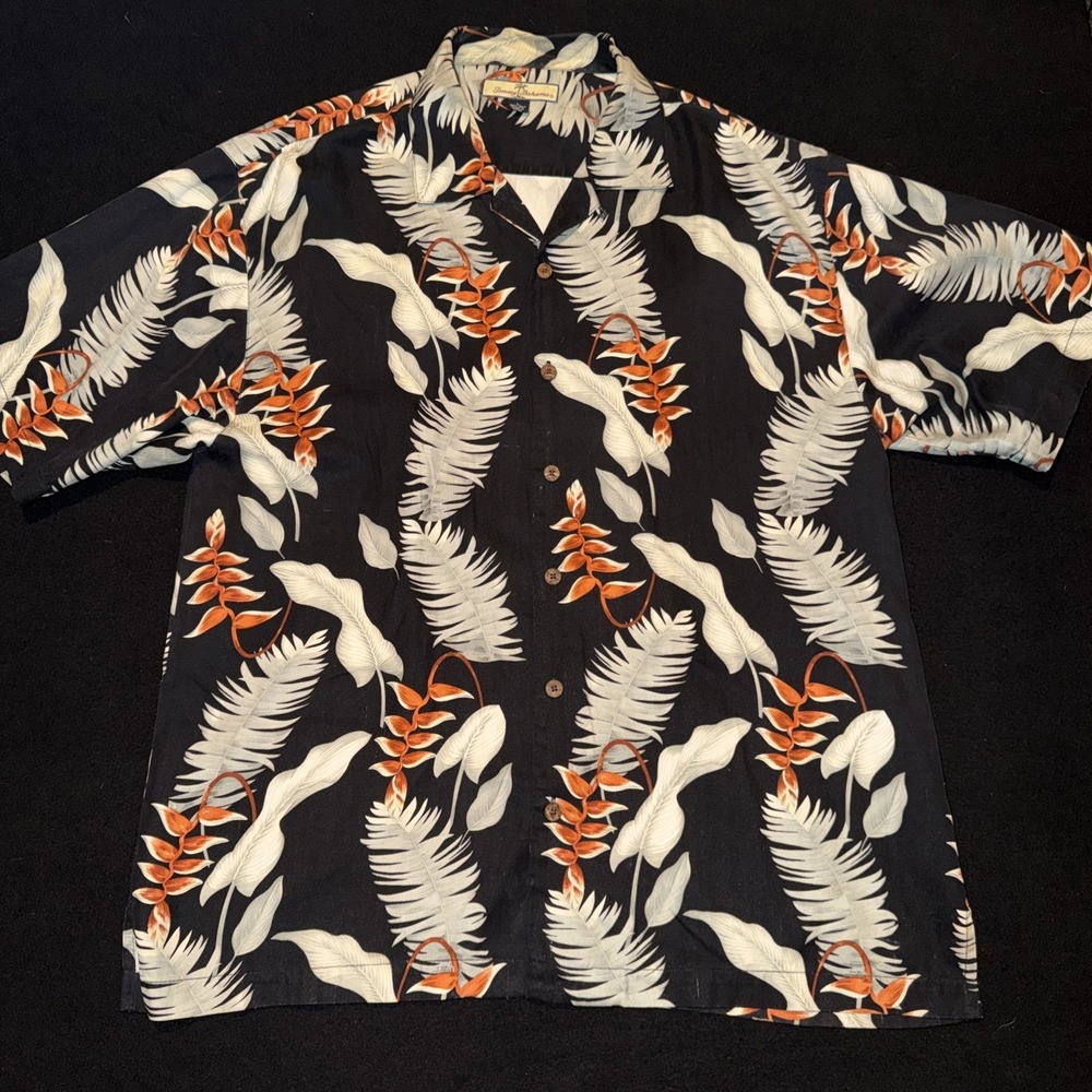 Tommy Bahama 100% Silk Black Orange Floral Casual Button Down Mens Large